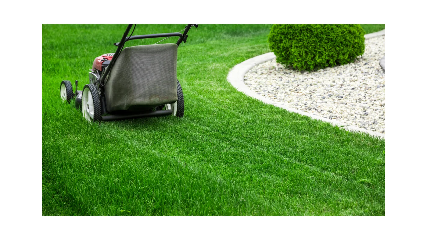 Lawn mower on a neatly edged residential lawn
