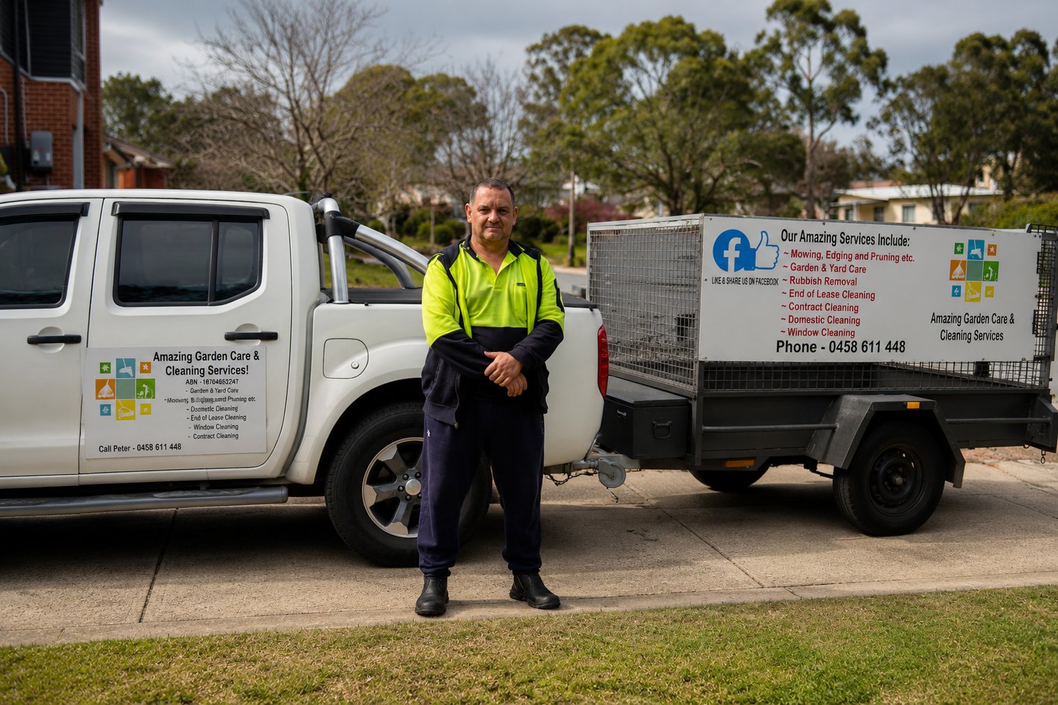 Peter from Amazing Garden Care & Cleaning Services with his work ute and trailer in Belconnen and Canberra
