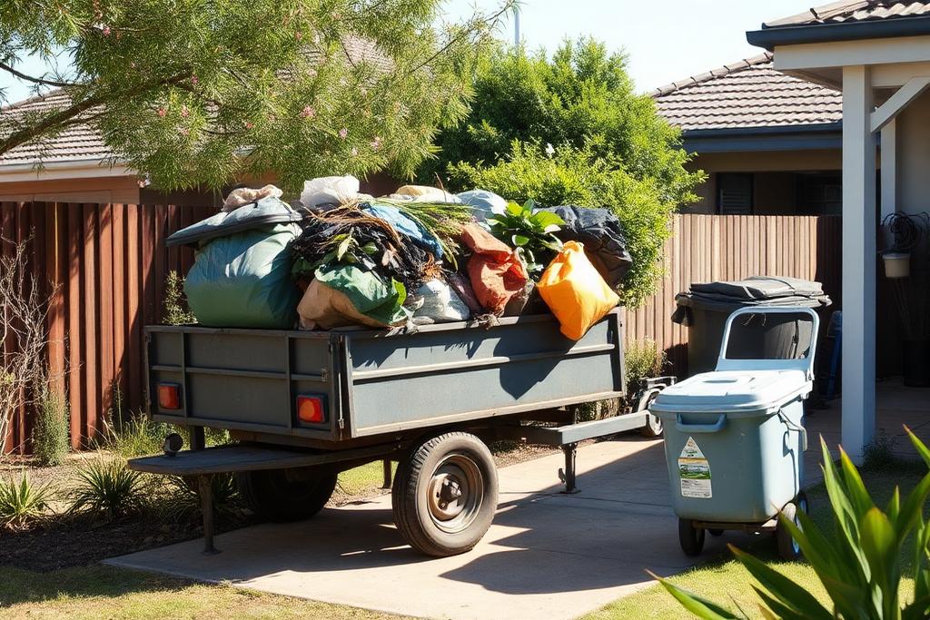 Trailer loaded with bags of garden waste and household rubbish at a Canberra property